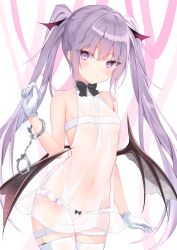 Rule 34 | 1girl, belt bra, borrowed character, breasts, cuffs, demon girl, hair between eyes, handcuffs, highres, long hair, see-through, shackles, simple background, small breasts, solo, thighs, twintails, very long hair, white background, white theme, yunominomi