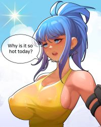 Rule 34 | 1girl, armlet, bagjunba (qkrgk198), blue eyes, blue hair, blush, breasts, corrupted twitter file, covered erect nipples, earrings, english text, fingerless gloves, gloves, highres, hot, jewelry, large breasts, leona heidern, nipples, ponytail, see-through, sky, sleeveless, solo, speech bubble, sunlight, sweat, sweatdrop, talking, tank top, the king of fighters, the king of fighters xv, triangle earrings, yellow tank top