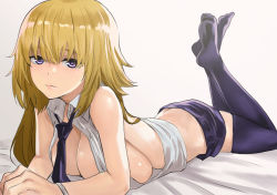 Rule 34 | 1girl, black necktie, black thighhighs, blonde hair, blouse, breasts, collared shirt, fate/apocrypha, fate (series), jeanne d&#039;arc (fate), jeanne d&#039;arc (girl from orleans) (fate), jeanne d&#039;arc (ruler) (fate), large breasts, long hair, lying, necktie, nekoi mie, no bra, on stomach, open clothes, open shirt, purple eyes, shirt, shorts, sideboob, sleeveless, sleeveless shirt, solo, the pose, thighhighs