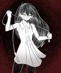 Rule 34 | 1girl, absurdres, cabronpr, collared dress, commentary, dress, evil smile, greyscale with colored background, highres, holding jump rope, jump rope, long hair, mari (omori), omori, pantyhose, red background, short dress, sleeveless, sleeveless dress, smile, solo, symbol-only commentary
