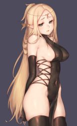 Rule 34 | 1girl, arms behind back, black dress, black gloves, black thighhighs, blonde hair, blush, breasts, closed mouth, commentary request, contrapposto, covered erect nipples, covered navel, diadem, dress, ear covers, elbow gloves, etrian odyssey, gloves, green eyes, grey background, kazabuki poni, large breasts, long hair, looking at viewer, no panties, pointy ears, sekaiju no meikyuu, sekaiju no meikyuu 5, sideboob, simple background, solo, standing, thighhighs, very long hair, warlock (sekaiju)