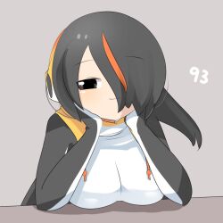 Rule 34 | 1girl, :3, black eyes, black hair, black jacket, blush, breast rest, breasts, breasts on table, closed mouth, commentary request, emperor penguin (kemono friends), grey background, hair between eyes, hair over one eye, hands on own cheeks, hands on own face, headphones, jacket, kemono friends, large breasts, lets0020, long bangs, looking at viewer, multicolored hair, numbered, one-piece swimsuit, open clothes, open jacket, orange hair, short hair, simple background, smile, solo, streaked hair, swimsuit, upper body, white one-piece swimsuit