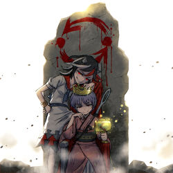 Rule 34 | &gt;:), 2girls, ambiguous red liquid, black hair, blue hair, blue neckerchief, bracelet, cone horns, crown, dress, dust cloud, evil grin, evil smile, grey horns, grin, horns, japanese clothes, jewelry, kijin seija, kimono, looking at viewer, lowres, meimaru inuchiyo, miracle mallet, multicolored hair, multiple girls, neckerchief, obi, red eyes, red kimono, rubble, sash, short hair, smile, streaked hair, sukuna shinmyoumaru, throne, touhou, v-shaped eyebrows, white background, white dress, wide sleeves