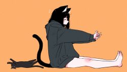 Rule 34 | 1girl, animal ear fluff, animal ears, bare legs, barefoot, black cat, black hair, blush, cat, cat ears, cat girl, cat tail, closed eyes, emphasis lines, from side, grey hoodie, highres, hood, hoodie, megateru, no pants, nose blush, on floor, orange background, original, outstretched arms, oversized clothes, pinching gesture, solo, stretching, tail