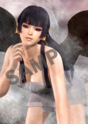 Rule 34 | 1girl, 3d, bare shoulders, black hair, breasts, dead or alive, dead or alive 5, large breasts, long hair, looking at viewer, mole, nyotengu, official art, purple eyes, solo, tecmo, towel, wings