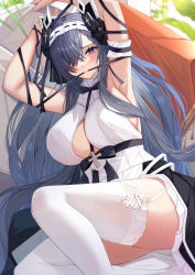 Rule 34 | 1girl, arm strap, armpits, arms up, august von parseval (azur lane), august von parseval (the conquered unhulde) (azur lane), azur lane, blush, breasts, closed mouth, garter straps, grey hair, hair ornament, hair over one eye, highres, horns, kazuha (saku kn), large breasts, long hair, looking at viewer, mouth hold, one eye covered, sleeveless, solo, thighhighs, thighs, white headwear, white thighhighs