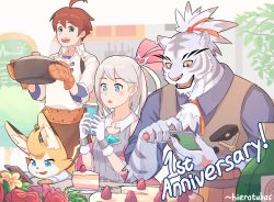 Rule 34 | + +, 1girl, 3boys, :3, ahoge, alk (world flipper), animal ear fluff, animal hands, animal nose, anniversary, apron, artist name, bare shoulders, blue eyes, blue shirt, blush, body fur, bottle, breast pocket, breasts, brooch, brown apron, brown hair, brown vest, buttons, cake, cake slice, cellphone, colored sclera, colored tips, cooking, cooking pot, cup, english text, facial mark, flower, food, fruit, furry, furry male, gloves, green eyes, grey fur, grey hair, grey shirt, hair ribbon, hands up, happy, hierotubas, highres, holding, holding cooking pot, holding phone, indoors, jewelry, kitchen, light (world flipper), long sleeves, looking at phone, looking down, mug, multicolored eyes, multicolored fur, multicolored hair, multiple boys, nimbus (world flipper), official alternate costume, one side up, open mouth, orange eyes, orange flower, orange gloves, oven mitts, pawpads, phone, pink flower, pocket, purple eyes, red flower, red ribbon, red rose, ribbon, rose, scar, scar on hand, sharp teeth, shirt, short hair, short sleeves, sidelocks, signature, sleeveless, sleeveless shirt, sleeves rolled up, small breasts, smartphone, smile, standing, stella (world flipper), strawberry, striped fur, swept bangs, tankard, teeth, topknot, tree, two-tone hair, upper body, vest, waist apron, whisker markings, white fur, white gloves, white shirt, world flipper, yellow sclera