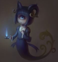 Rule 34 | 1girl, black hair, blue eyes, candle, cyclops, daiyou-uonome, dress, fire, ghost, horns, looking at viewer, monster girl, one-eyed, open mouth, original, ribbon, short hair, simple background, solo, wide sleeves