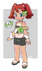 Rule 34 | 1girl, bike shorts, breasts, brown hair, cleavage, feet, fingerless gloves, gloves, green eyes, highres, legs, looking at viewer, midriff, navel, open mouth, robojanai, saru getchu, sayaka (saru getchu), small breasts, solo, tan, tank top, tanline, thighs, thong, twintails, whale tail (clothing)