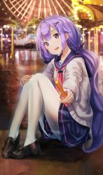 Rule 34 | 1girl, :d, ahoge, anchor print, azur lane, black skirt, blouse, blurry, brown footwear, carnival, churro, clothes between thighs, commentary request, depth of field, ferris wheel, food, from side, full body, grey sweater, hair ornament, hair scrunchie, head tilt, highres, holding, holding food, knees up, light, loafers, long hair, long sleeves, looking at viewer, miniskirt, neckerchief, night, open mouth, outdoors, outstretched hand, pantyhose, pink neckerchief, pleated skirt, purple eyes, purple hair, purple sailor collar, reflection, sailor collar, school uniform, scrunchie, serafuku, shirt, shoes, sidelocks, sitting, skirt, sleeves past wrists, smile, solo, sweater, undershirt, unicorn (azur lane), unicorn (long-awaited date) (azur lane), very long hair, white pantyhose, white shirt, x hair ornament, yu ni t