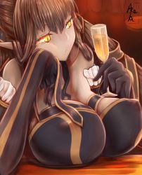 Rule 34 | 1girl, alcohol, bad id, bad pixiv id, bare shoulders, black dress, black gloves, black hair, breast rest, breasts, bridal gauntlets, champagne flute, cleavage, closed mouth, commentary request, covered erect nipples, cup, detached sleeves, dress, drinking glass, fate/apocrypha, fate/grand order, fate (series), frills, gloves, glowing, glowing eyes, hair between eyes, hand on own cheek, hand on own face, highres, holding, holding cup, huge breasts, long hair, naraku (t8kk), pointy ears, semiramis (fate), solo, very long hair, yellow eyes