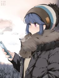 Rule 34 | 1girl, black jacket, blue hair, closed mouth, cloud, copyright name, eyes visible through hair, forest, grey scarf, highres, holding, holding phone, jacket, long hair, maegami (daisuki oekaki1), multicolored clothes, nature, patterned clothing, phone, purple eyes, scarf, shima rin, smile, solo, standing, striped, text messaging, title, yurucamp