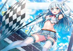 Rule 34 | 1girl, 90i, arm up, blue eyes, blue panties, blush, checkered flag, crop top, day, elbow gloves, flag, from below, gloves, hair ornament, highres, kuuki shoujo, long hair, looking at viewer, looking down, midriff, miniskirt, navel, open mouth, panties, pantyshot, personification, race queen, skirt, sky, smile, solo, standing, the personfication of atmosphere, the personification of atmosphere, thighhighs, underwear, upskirt, white hair, white thighhighs