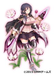 Rule 34 | 1girl, belt, black hair, breasts, cape, copyright name, dagger, dmm, flower knight girl, full body, highres, holding, holding weapon, jamadhar, knife, large breasts, looking at viewer, night phlox (flower knight girl), official art, one eye closed, purple eyes, skirt, smile, standing, tagme, weapon, white background