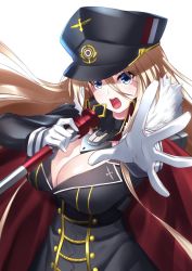 Rule 34 | 1girl, azur lane, bad id, bad twitter id, bismarck (azur lane), blonde hair, blue eyes, breasts, cleavage, commentary request, gloves, hair between eyes, hat, highres, holding, ken ill, large breasts, long hair, long sleeves, looking at viewer, military, open mouth, peaked cap, solo, upper body, white gloves