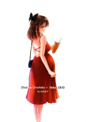 Rule 34 | 1girl, absurdres, backless dress, backless outfit, bad id, bad pixiv id, bag, big belly, black bow, bow, breasts, brown eyes, brown hair, chinese commentary, clenched hand, cup, disposable cup, dress, hair bow, handbag, highres, holding, holding cup, looking at viewer, medium breasts, medium hair, original, pregnant, red dress, sakuranohako, smile, solo, white background
