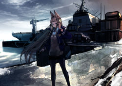 Rule 34 | 1girl, animal ears, bag, black pantyhose, blazer, breath, brown hair, closed mouth, cloud, cloudy sky, commentary, english commentary, fox ears, fox girl, jacket, long hair, long sleeves, mishima hiroji, open clothes, open jacket, original, outdoors, pantyhose, shirt, skirt, sky, snow, solo, standing, sweater vest, very long hair, watercraft, white shirt
