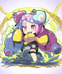 Rule 34 | 1girl, asymmetrical legwear, black jacket, blue hair, bow-shaped hair, character hair ornament, chibi, creatures (company), electricity, fukkatsu saisei kaijin, game freak, gen 1 pokemon, gradient background, hair ornament, hexagon print, highres, iono (pokemon), jacket, knee up, light blue hair, long hair, long sleeves, looking at viewer, low-tied long hair, magnemite, mismatched legwear, multicolored clothes, multicolored hair, multicolored jacket, nintendo, open mouth, oversized clothes, pink hair, pokemon, pokemon sv, sharp teeth, sleeves past fingers, sleeves past wrists, solo, split-color hair, standing, star-shaped pupils, star (symbol), star in eye, symbol-shaped pupils, symbol in eye, teeth, thigh strap, two-tone hair, two-tone jacket, very long sleeves, yellow jacket