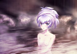 Rule 34 | 1girl, blue eyes, blush, bou (inubou), breasts, collarbone, completely nude, game cg, hair between eyes, highres, muv-luv, muv-luv altered fable, nipples, nude, official art, onsen, open mouth, partially submerged, silver hair, small breasts, solo, steam, towel, towel on head, yashiro kasumi