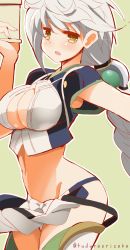 Rule 34 | 10s, 1girl, 9law, :o, armpit peek, bad id, bad pixiv id, blush, braid, breasts, cleavage cutout, clothing cutout, cowboy shot, green background, highres, kantai collection, large breasts, long hair, looking at viewer, midriff, miniskirt, single braid, skirt, solo, thighhighs, twitter username, unryuu (kancolle), very long hair, yellow eyes, zettai ryouiki