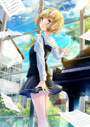 Rule 34 | 1girl, :o, black skirt, black vest, blonde hair, blush, building, city, commentary request, from side, green eyes, highres, indoors, instrument, kazuharu kina, long sleeves, looking at viewer, looking to the side, miniskirt, motion blur, neck ribbon, official art, open mouth, original, piano, pleated skirt, ribbon, sheet music, shirt, short hair, signature, skirt, solo, standing, tree, vest, white shirt, wind, window, yellow ribbon