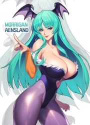 Rule 34 | 1girl, animal print, aqua eyes, aqua hair, bare shoulders, bat wings, blush, breasts, bridal gauntlets, character name, cleavage, closed mouth, clothing cutout, collarbone, contrapposto, cowboy shot, demon girl, elbow gloves, gloves, green eyes, hand up, head wings, heart cutout, highleg, highleg leotard, highres, large breasts, leotard, long hair, looking at viewer, mmlyno, morrigan aensland, orange gloves, pantyhose, purple pantyhose, red lips, solo, vampire (game), very long hair, wings, zoom layer