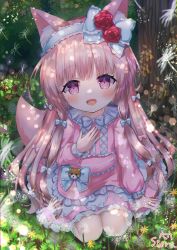Rule 34 | 1girl, :d, animal ear fluff, animal ears, blue bow, blue hairband, blush, bow, character request, commentary request, commission, day, dress, flower, frilled bow, frilled dress, frilled hairband, frilled socks, frills, hair bow, hairband, hand up, highres, kneehighs, long sleeves, looking at viewer, on ground, open mouth, outdoors, pink bow, pink dress, pink hair, puffy long sleeves, puffy sleeves, purple eyes, red flower, red rose, rose, rou-kyuu-bu!, siera (sieracitrus), signature, sitting, skeb commission, smile, socks, solo, striped, striped bow, tail, wariza, white socks, yellow flower
