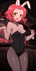 Rule 34 | 10s, 1girl, :d, animal ears, bar (place), blush, breasts, cleavage, covered navel, cup, detached collar, drinking glass, fake animal ears, fishnet pantyhose, fishnets, girls und panzer, glass, glastonbury1966, highres, holding, leotard, open mouth, orange eyes, pantyhose, plate, playboy bunny, rabbit ears, red hair, rosehip (girls und panzer), short hair, smile, solo, tray, wine glass, wrist cuffs