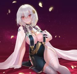 Rule 34 | 1girl, azur lane, blush, braid, breast curtains, breasts, china dress, chinese clothes, cleavage, dress, flower, garter straps, gloves, hair between eyes, hair ornament, large breasts, liuli zan, looking at viewer, red eyes, revealing clothes, short hair, sirius (azur lane), sirius (azure horizons) (azur lane), sitting, solo, thighhighs, torn clothes, torn thighhighs, white gloves, white hair, white thighhighs