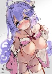 Rule 34 | 1girl, ahoge, alternate breast size, azur lane, bare shoulders, blush, bow, bowtie, bra, bra lift, breasts, breasts out, collarbone, heart, heart-shaped pupils, highres, lactation, large breasts, long hair, long sleeves, looking at viewer, navel, nipples, off shoulder, open clothes, open shirt, panties, panty pull, parted lips, pink bra, pink panties, pink shirt, purple eyes, purple hair, pussy, red bow, red bowtie, sakura rock, shirt, sketch, solo, symbol-shaped pupils, tearing up, tears, thighhighs, underwear, unicorn (azur lane), very long hair, white thighhighs