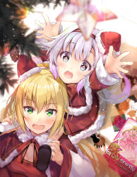 Rule 34 | + +, .live, 2girls, arms up, black footwear, blonde hair, blue eyes, blurry, blurry foreground, blush, capelet, carro pino, carrying, christmas, christmas tree, commentary, depth of field, dress, english commentary, fur-trimmed capelet, fur-trimmed dress, fur trim, green eyes, hair between eyes, hat, kongou iroha, long hair, looking at viewer, mini hat, mini santa hat, multiple girls, official art, open mouth, red capelet, red dress, red headwear, santa hat, shoe soles, shoes, shoulder carry, silver hair, socks, star (symbol), suihi, sweat, teeth, tilted headwear, upper teeth only, virtual youtuber, white legwear