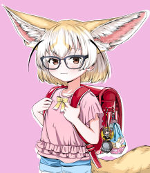 Rule 34 | 1girl, aged down, akegata tobari, animal ear fluff, animal ears, backpack, badge, bag, bespectacled, black-framed eyewear, blonde hair, brown bear (kemono friends), brown eyes, button badge, child, commentary request, cowboy shot, extra ears, fennec (kemono friends), fox ears, fox tail, frills, glasses, highres, holding strap, kemono friends, large ears, looking at viewer, medium hair, multicolored hair, paw stick, pink background, pink shirt, randoseru, shirt, short shorts, shorts, simple background, smile, solo, tail, two-tone hair, white hair