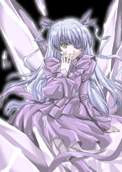 Rule 34 | 00s, 1girl, barasuishou, crystal, doll, dress, eyepatch, flower, flower eyepatch, hair ribbon, hand on own face, long sleeves, looking at viewer, lowres, midori (searchlight), parted lips, purple dress, ribbon, rose, rozen maiden, silver hair, sitting, solo, twintails, two side up, yellow eyes