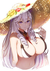 Rule 34 | 1girl, absurdres, algerie (azur lane), algerie (white sand paradise) (azur lane), algerie (white sand paradise) (azur lane), azur lane, between breasts, bikini, blush, breasts, brown bikini, cleavage, detached collar, drill hair, hat, highres, large breasts, long hair, looking at viewer, mole, mole under eye, pnatsu, purple eyes, simple background, smile, solo, strap pull, straw hat, swimsuit, two-tone bikini, white background, white hair