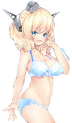Rule 34 | 1girl, absurdres, bare arms, bare shoulders, blonde hair, blue bra, blue eyes, blue panties, blush, bow, bow bra, bra, braid, breasts, chiyami, cleavage, colorado (kancolle), commentary request, crown braid, fingernails, garrison cap, grey hat, hair between eyes, hand up, hat, headgear, highres, kantai collection, looking at viewer, medium breasts, mini hat, panties, plaid, plaid bra, plaid panties, simple background, solo, twitter username, underwear, underwear only, v-shaped eyebrows, white background