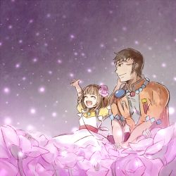 Rule 34 | 1boy, 1girl, apron, breasts, brown eyes, brown hair, dress, earrings, closed eyes, father and daughter, flower, glasses, harriet campbell, open mouth, short hair, smile, tales of (series), tales of legendia, will raynard