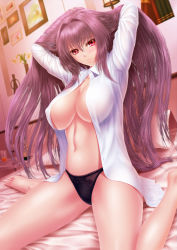 Rule 34 | 1girl, alcohol, arms up, bare legs, barefoot, bed, bed sheet, black panties, blurry, blush, bottle, breasts, cleavage, closed mouth, collared shirt, cup, depth of field, desk lamp, drinking glass, dutch angle, fate/grand order, fate (series), flower, full body, hair between eyes, hair intakes, highres, indoors, lamp, large breasts, lingerie, long hair, masatoki, midriff, navel, no bra, no pants, on bed, open clothes, open shirt, panties, picture frame, pillow, pink eyes, pink hair, scathach (fate), shirt, sitting, smile, solo, spread legs, stomach, table, third-party edit, underwear, vase, very long hair, wariza, wine, wine bottle, wine glass, wing collar