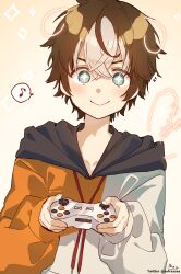 Rule 34 | + +, 1boy, absurdres, blush, brown hair, closed mouth, collarbone, commission, controller, drawn ears, drawn tail, dutch angle, eighth note, game controller, green eyes, grey hair, hair between eyes, highres, holding, hood, hood down, hoodie, long sleeves, looking at viewer, male focus, multicolored hair, musical note, orange hoodie, original, puffy long sleeves, puffy sleeves, signature, skeb commission, sleeves past wrists, smile, sofra, solo, sparkle, spoken musical note, twitter username, two-tone hair, upper body, white hoodie