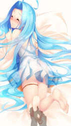 Rule 34 | 1girl, ahoge, ass, bare shoulders, barefoot, bed sheet, blue hair, blush, chemise, closed eyes, closed mouth, disembodied limb, embarrassed, feet, feet up, female focus, tickling feet, from behind, full body, granblue fantasy, hand up, highres, long hair, lying, lyria (granblue fantasy), nose blush, on stomach, peeing, peeing self, puddle, see-through, solo, tickling, trembling, unosuke, very long hair, wavy mouth, x-ray