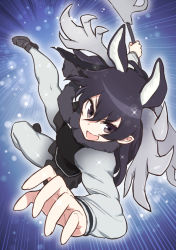 Rule 34 | 10s, 1girl, aiming, aiming at viewer, animal ears, antlers, bad id, bad pixiv id, battle, black footwear, black hair, black vest, emphasis lines, extra ears, fighting, foreshortening, full body, fur trim, grey legwear, grey shirt, holding, holding weapon, hori, hori (hori no su), horns, incoming attack, kemono friends, long sleeves, looking at viewer, moose (kemono friends), moose ears, open mouth, purple eyes, shirt, shoes, smile, solo, vest, weapon