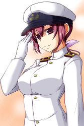 Rule 34 | 10s, 1girl, alternate costume, breasts, female admiral (kancolle), gloves, hair ribbon, hat, highres, hoshizora ikuyo, kantai collection, large breasts, light smile, long sleeves, mature female, military, military uniform, nishi koutarou, pink eyes, pink hair, ponytail, precure, ribbon, sailor hat, salute, smile precure!, solo, uniform, white gloves