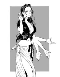 Rule 34 | 1girl, absurdres, commentary, cowboy shot, english commentary, extra arms, grey background, greyscale, hair slicked back, hana hana no mi, highres, light smile, long hair, looking at viewer, loose hair strand, monochrome, nico robin, one piece, rectangle, sarong, simple background, solo, vest, yao yasan