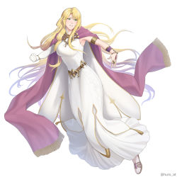 Rule 34 | 1girl, absurdres, armlet, asymmetrical gloves, breasts, cape, clenched hand, dress, elbow gloves, fire emblem, fire emblem: the binding blade, fire emblem: the blazing blade, fire emblem heroes, furo atsushi, gloves, gold trim, green eyes, grin, highres, large breasts, long dress, long hair, nintendo, purple cape, purple scarf, saint elimine (fire emblem), scarf, simple background, single glove, sleeveless, sleeveless dress, smile, solo, toeless footwear, twitter username, uneven gloves, very long hair, white background, white dress
