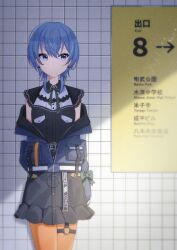 Rule 34 | 1girl, absurdres, alternate hairstyle, belt, blue eyes, blue hair, collared dress, dress, earrings, expressionless, highres, hololive, hoshimachi suisei, hoshimachi suisei (streetwear), jacket, jewelry, long sleeves, looking to the side, neck ribbon, o-ring, o-ring thigh strap, off shoulder, official alternate costume, orange pantyhose, pantyhose, ribbon, short hair, short sleeves, sleeve bow, solo, the exit 8, thigh strap, tile wall, tiles, tsumurimai, virtual youtuber