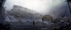 Rule 34 | 1girl, aircraft, airplane, asteroid ill, crash, highres, original, ruins, scenery, solo, white hair