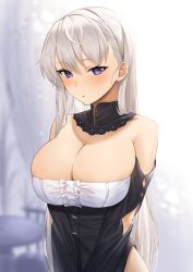 Rule 34 | 1girl, absurdres, alternate costume, arms behind back, azur lane, blush, breasts, cleavage, detached collar, enmaided, enterprise (azur lane), frills, highres, large breasts, long hair, looking at viewer, lordol, maid, parted lips, purple eyes, solo, straight hair, upper body, very long hair, white hair