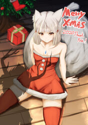 Rule 34 | 1boy, 1girl, 2020, absurdres, animal ears, cat ears, cat girl, christmas, christmas tree, closed mouth, collarbone, core crystal (xenoblade), dress, gift, grey hair, highres, indoors, looking at viewer, merry christmas, nia (xenoblade), on floor, pov, red dress, red thighhighs, rex (xenoblade), sack, shadow, shindayomon, short hair, sitting, smile, solo focus, strapless, strapless dress, thighhighs, wooden floor, xenoblade chronicles (series), xenoblade chronicles 2, yellow background