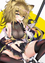 Rule 34 | 1girl, :p, animal ears, arknights, bandaged arm, bandages, bare shoulders, black choker, black gloves, black jacket, black nails, black skirt, black thighhighs, blonde hair, blush, breasts, candy, character name, choker, clothes writing, collarbone, commentary request, earrings, fishnets, food, gloves, gluteal fold, hair between eyes, hair ornament, hairclip, hand up, head tilt, highres, holding, holding food, indian style, jacket, jewelry, large breasts, lion ears, lion tail, lollipop, long hair, looking at viewer, miniskirt, nail polish, navel, off shoulder, open clothes, open jacket, partial commentary, pleated skirt, ponytail, revision, see-through, siege (arknights), sitting, skindentation, skirt, smile, solo, srpzk, tail, thighhighs, thighs, tongue, tongue out, weapon, wristband, x hair ornament, yellow eyes