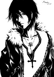 Rule 34 | 00s, 1990s (style), 1boy, 2008, absurdres, dissidia final fantasy, final fantasy, final fantasy viii, fur trim, greyscale, highres, jacket, jewelry, male focus, monochrome, necklace, scar, solo, squall leonhart, teddy (khanshin), white background