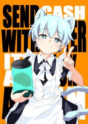 Rule 34 | 1boy, animal ear fluff, animal ears, apron, black dress, blue eyes, blue hair, bow, bowtie, brain, bright pupils, capsule, cat ears, cat tail, censored, closed mouth, collared dress, dress, english text, frills, half-closed eyes, looking at viewer, maid apron, male focus, misskey.io, mosaic censoring, murakami-san (misskey.io), orange background, puffy short sleeves, puffy sleeves, short hair, short sleeves, smile, solo, tail, text background, trap, v, white bow, white bowtie, white pupils, yamazaki kazu